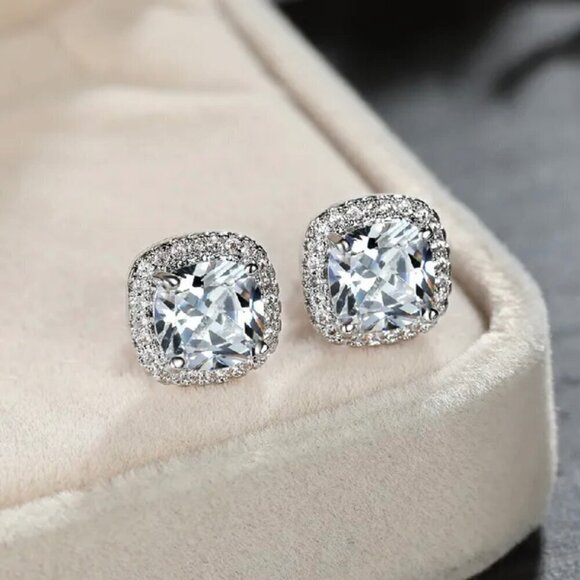 NWT Stud Earrings S925 Sterling Silver Clear Square Cushion Cut CZ Halo Setting - Picture 4 of 10